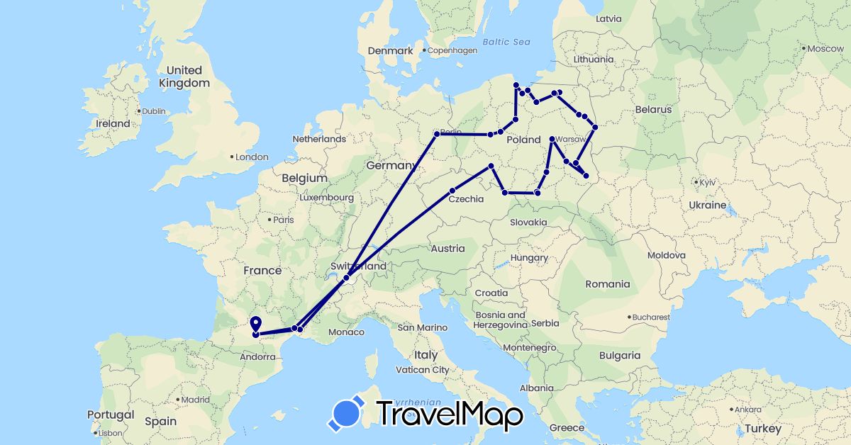 TravelMap itinerary: driving in Switzerland, Czech Republic, Germany, France, Poland (Europe)